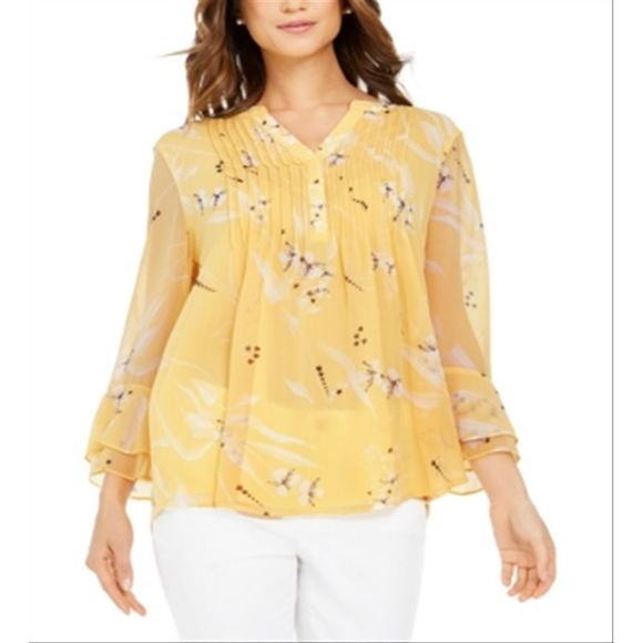 Charter Club Womens Printed Ruffle Sleeve Top White Size Medium